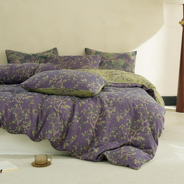 Muslin Duvet Cover Set, 100% Washed Cotton 3 Pieces Yarn-Dyed Vintage Floral Jacquard Textured Bedding, Soft