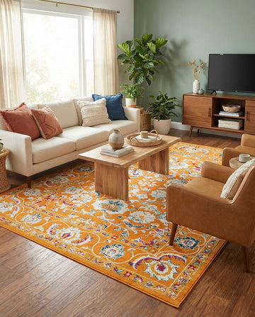 Aurelia Rug - 10' x 13' Orange Easy-Clean Area Rug - Vintage Traditional Medallion Design, Perfect for Living Rooms