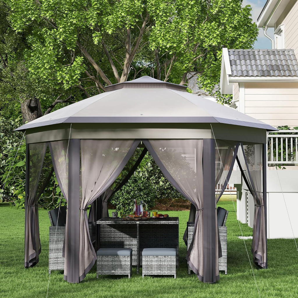13' x 13' Pop Up Gazebo, Hexagonal Canopy Shelter with 6 Zippered Mesh Netting