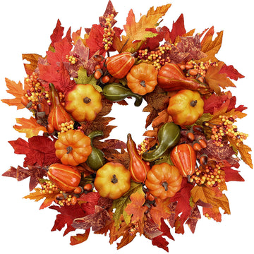 Fall Wreath 23'' Artificial Autumn Front Door Wreath with Large Pumpkins Clusters of Berries Maple Leaves Acorn for