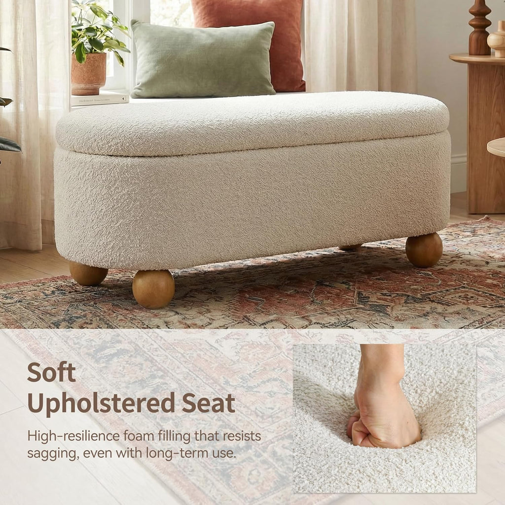 44.8" Storage Ottoman Bench End of Bed Bench with Hinge, Beige | Cute Spherical Solid Wood Stool Legs, Comfortable
