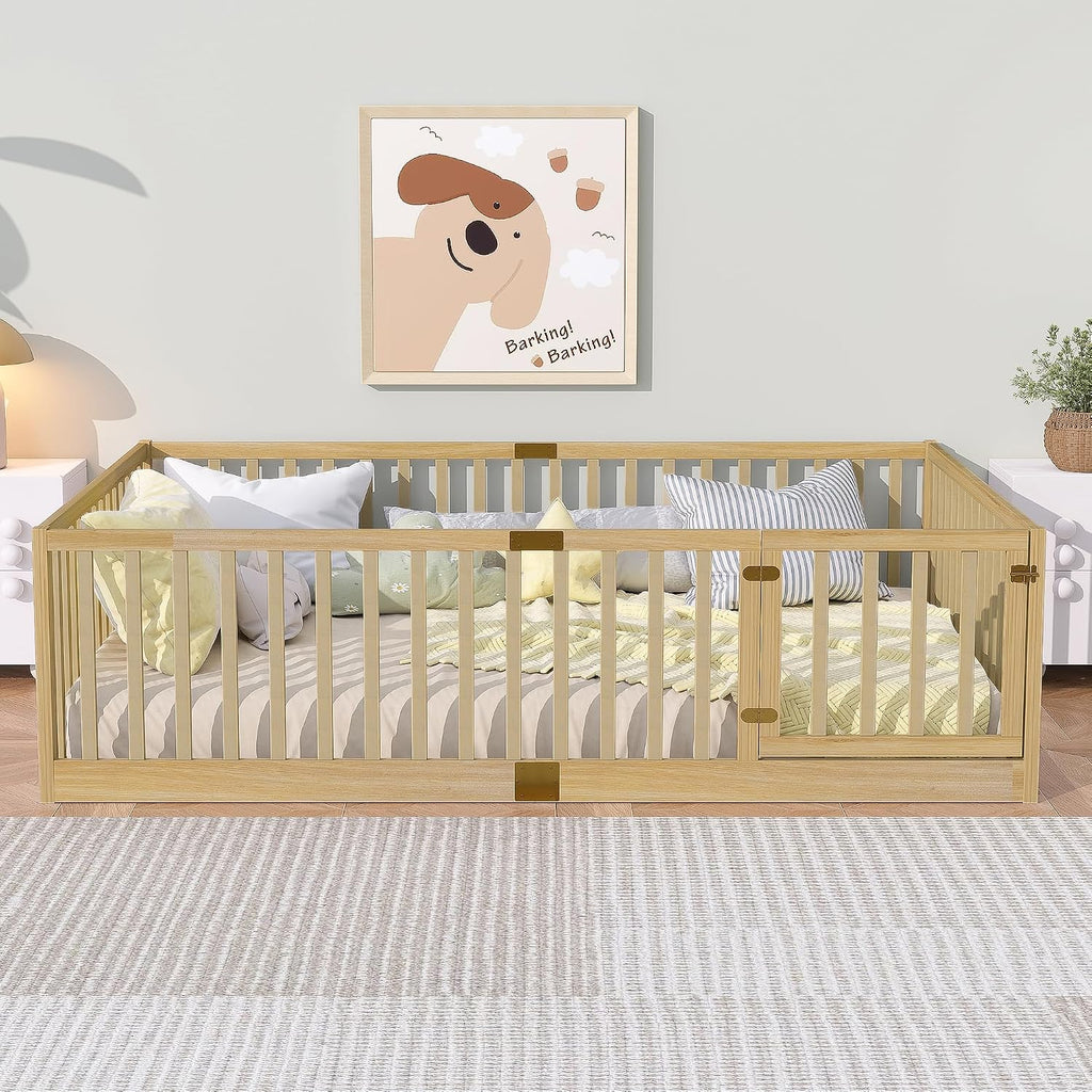 Full Size Montessori Floor Bed with High Rails and Slats, Solid Wood Floor Bed Frame with Door,Full Low Wooden Kids
