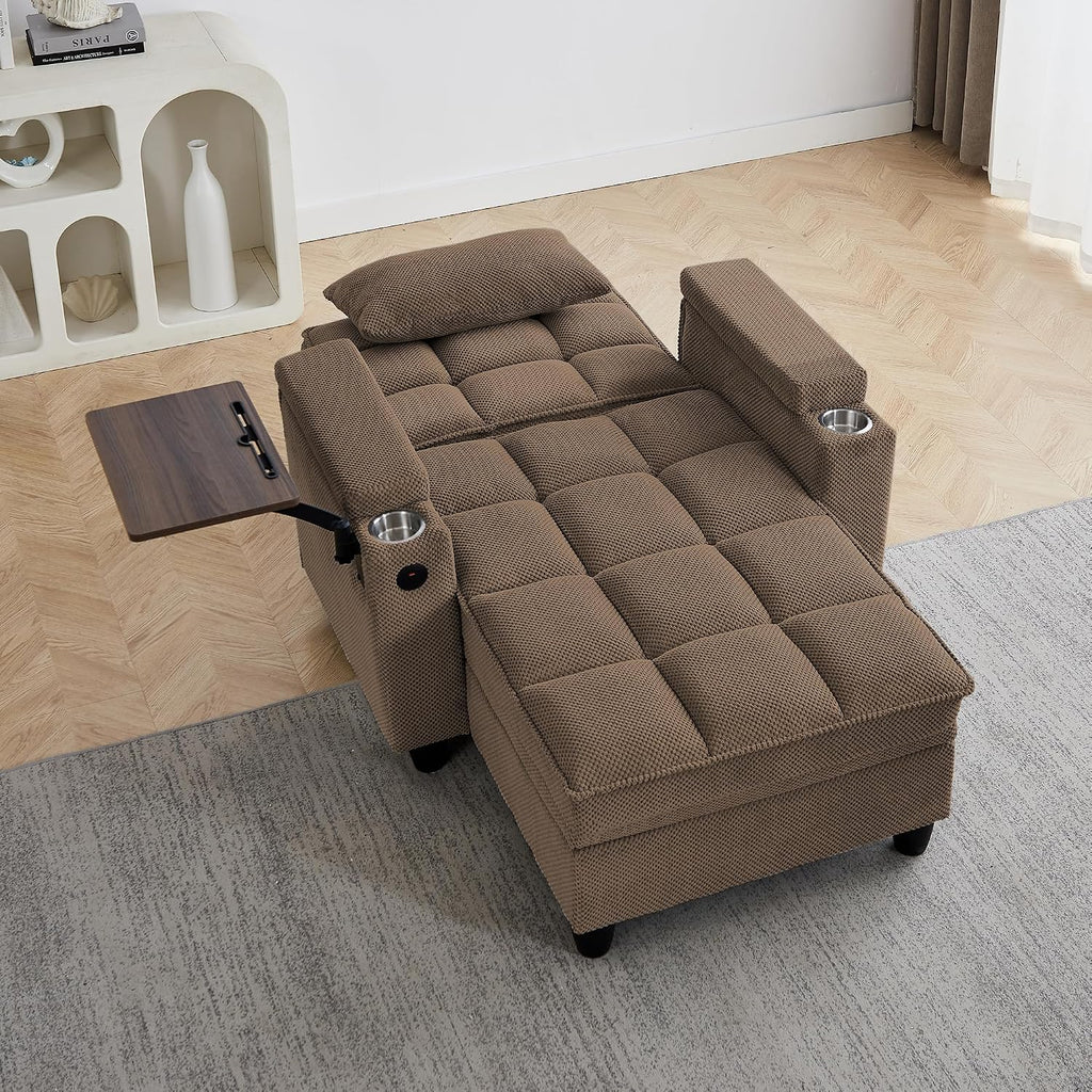 41.7" Chaise Lounge Sleeper Chair Bed, Convertible Recliner Sofa with 6 Level Adjustable Backrest, USB Charging, Cup