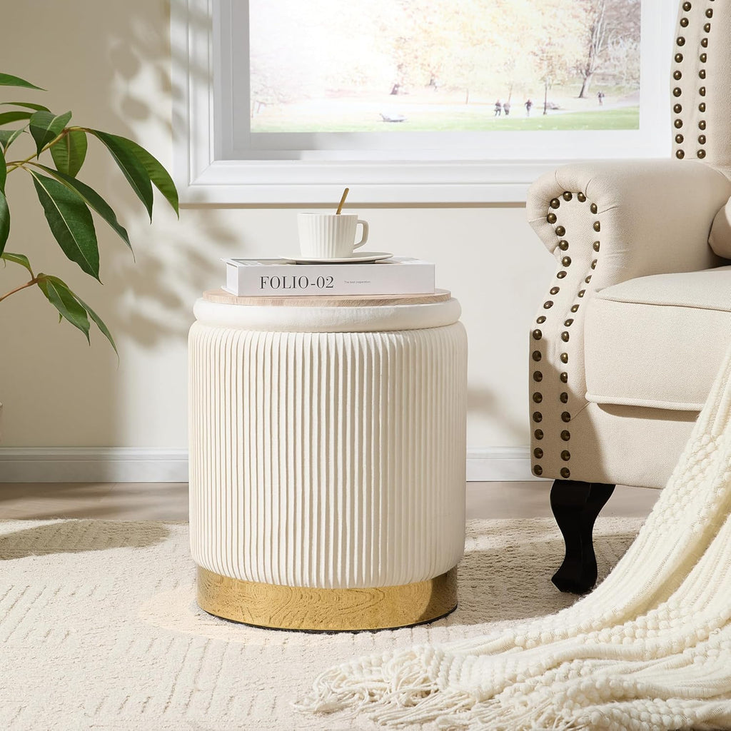 Round Ottoman with Storage Set of 2, Storage Vanity Stool | Velvet Upholstered Ottoman Coffee Table, Gold-Tone Ring