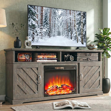 Fireplace TV Stand for 70 inch TV, Farmhouse Entertainment Center with Storage, Wood TV Console with Fireplace, TV