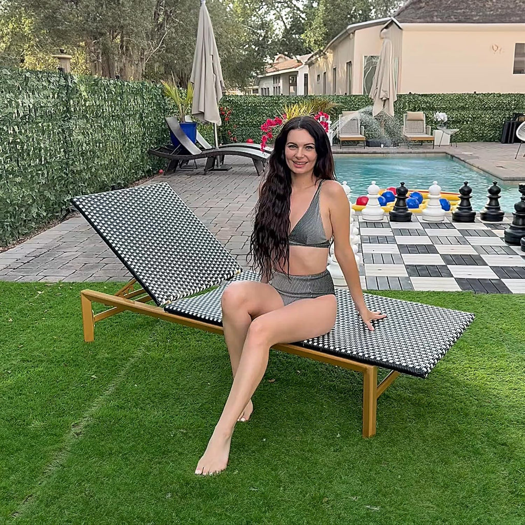 1 Piece French Patio Chaise Lounge Rattan Teak Frame, Black | Weatherproof Handwoven Wicker, Aluminum Frame, 5