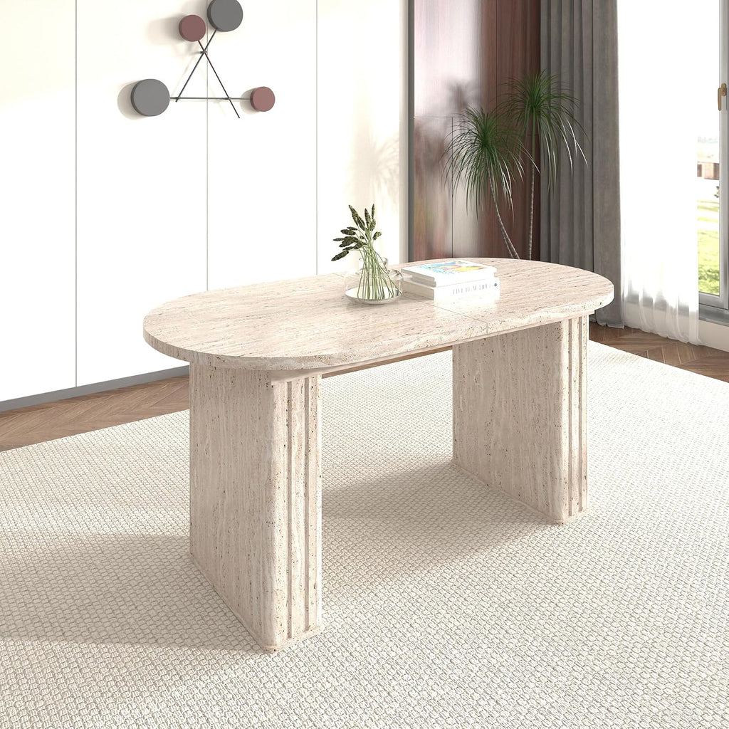 78.74" Extendable Dining Table for 4-8 People,Oval Travertine Inspired Kitchen Table with Wooden Strip Base for