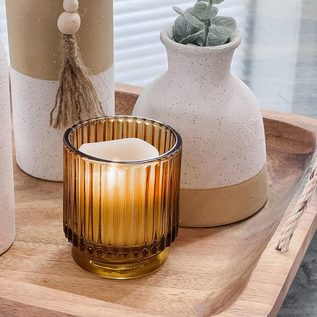 Vintage Glass Tealight & Amber Votive Candle Holders (Set of 6) Rustic Fluted Candle Holder Set, Boho Home Decor