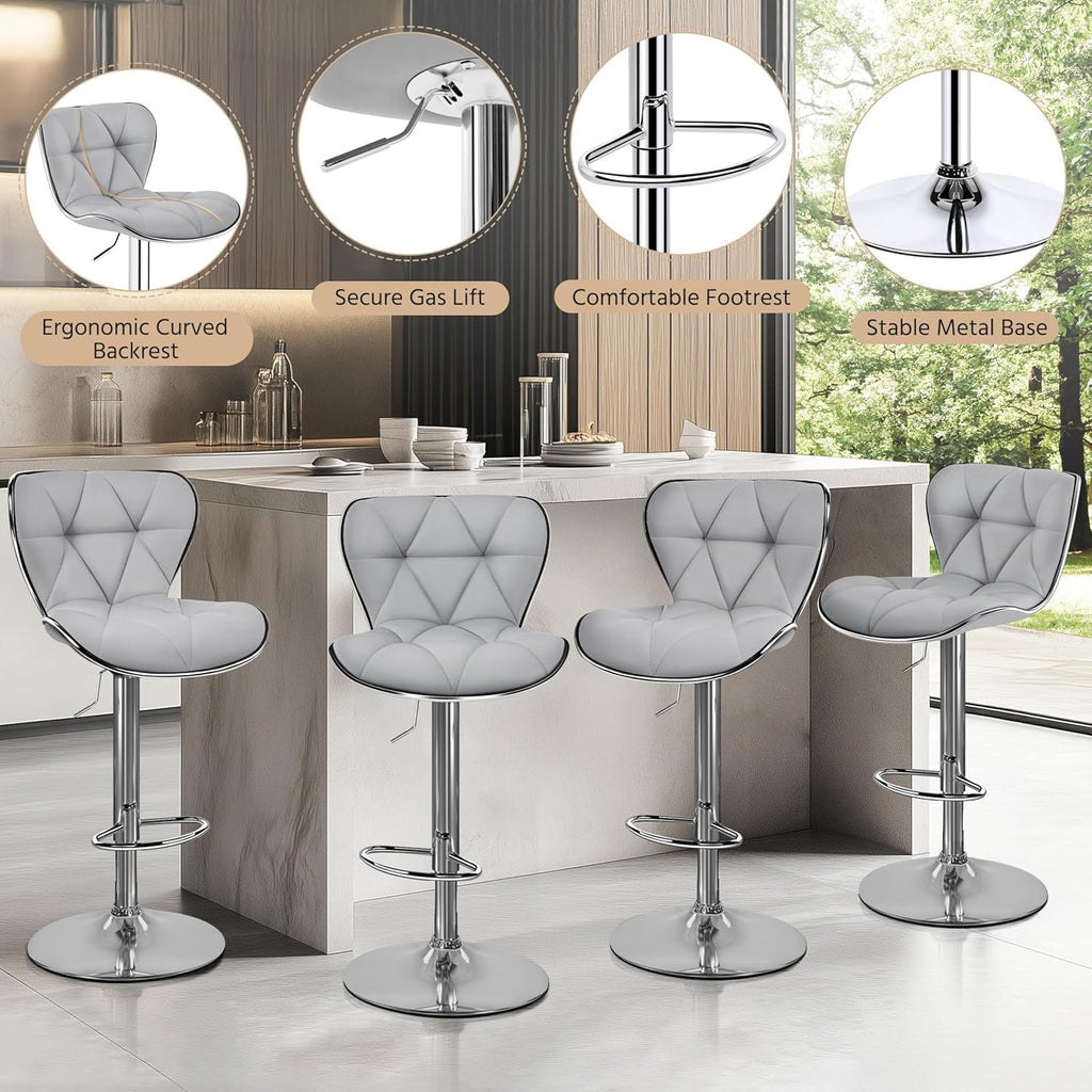 Bar Stools Set of 2, PU Leather Swivel Adjustable Barstools with Shell Back, Bar Chairs with Foma Padded, Light Grey