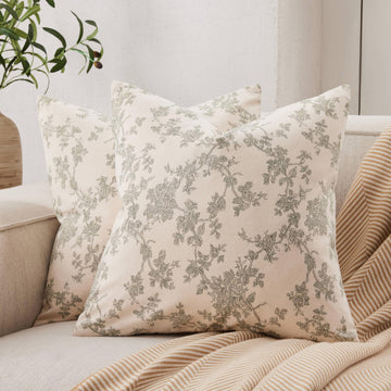 2 Pack French Floral Throw Pillow Covers 24x24in, Green/Cream