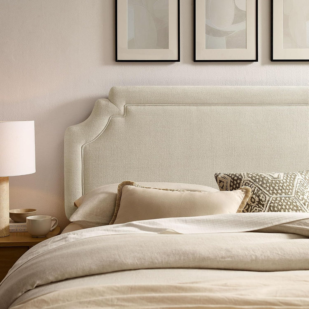 Queen Upholstered Fabric Headboard in Ecru - Padded Cushioned Headboard with Woven Heathered Upholstery and