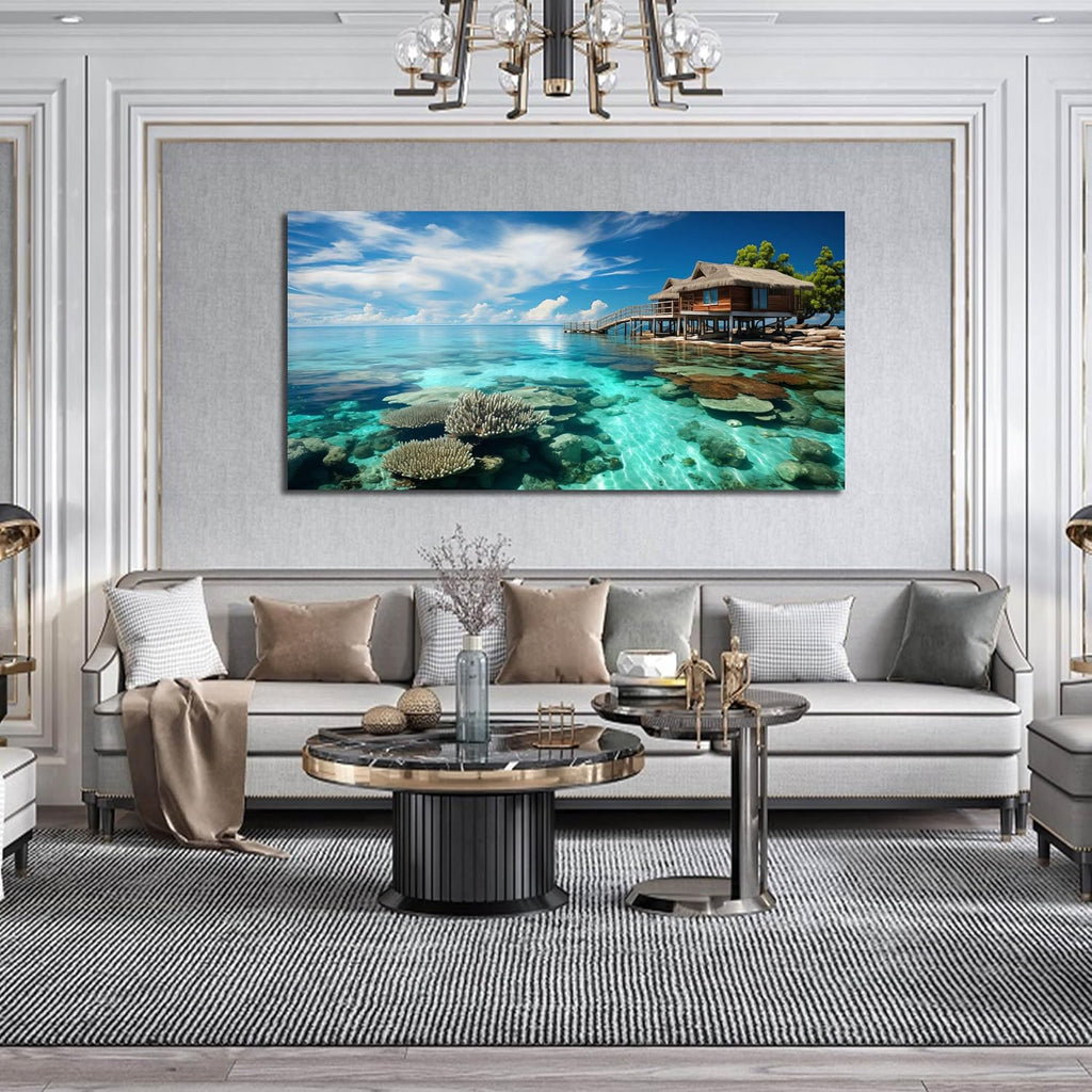 Ocean Scenic Canvas Wall Art, Blue Seascape Wall-Decor Picture , Ocean Scenery Canvas Decoration, Coastal Landscape