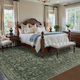 8x10 Washable Vintage Green Area Rug, Floral Low Pile Non-Slip Carpet for Living Room Bedroom