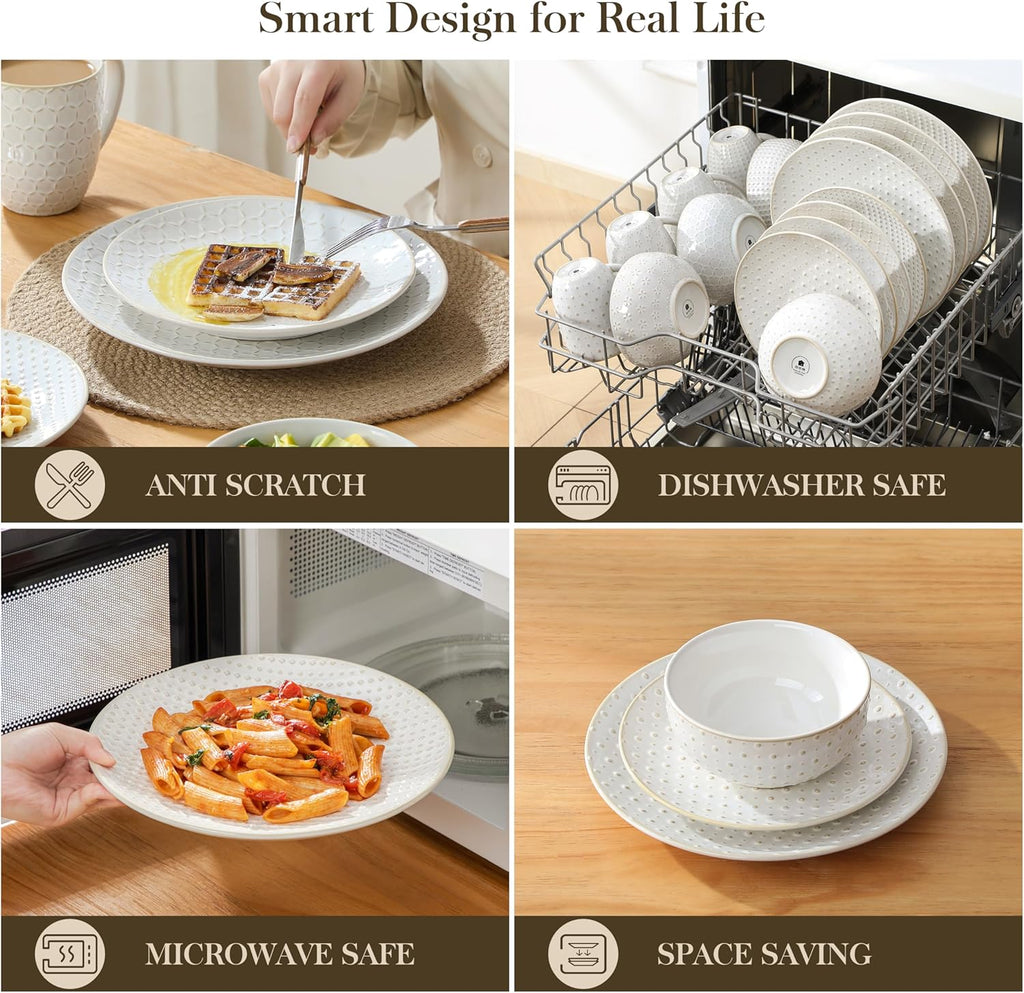 16 Pieces Dinnerware Sets, Modern Relief Design Plates and Bowls Sets, White Dish Set for 4