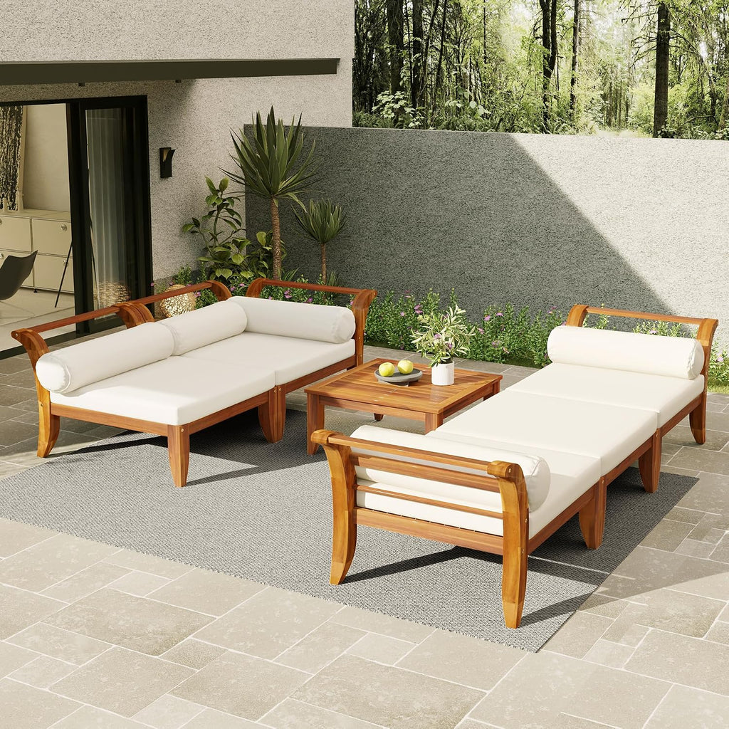 6 Piece Patio Sofa Set, Acacia Wood Outdoor Modular Sectional Garden Furniture Set, L-Shaped Conversation Set