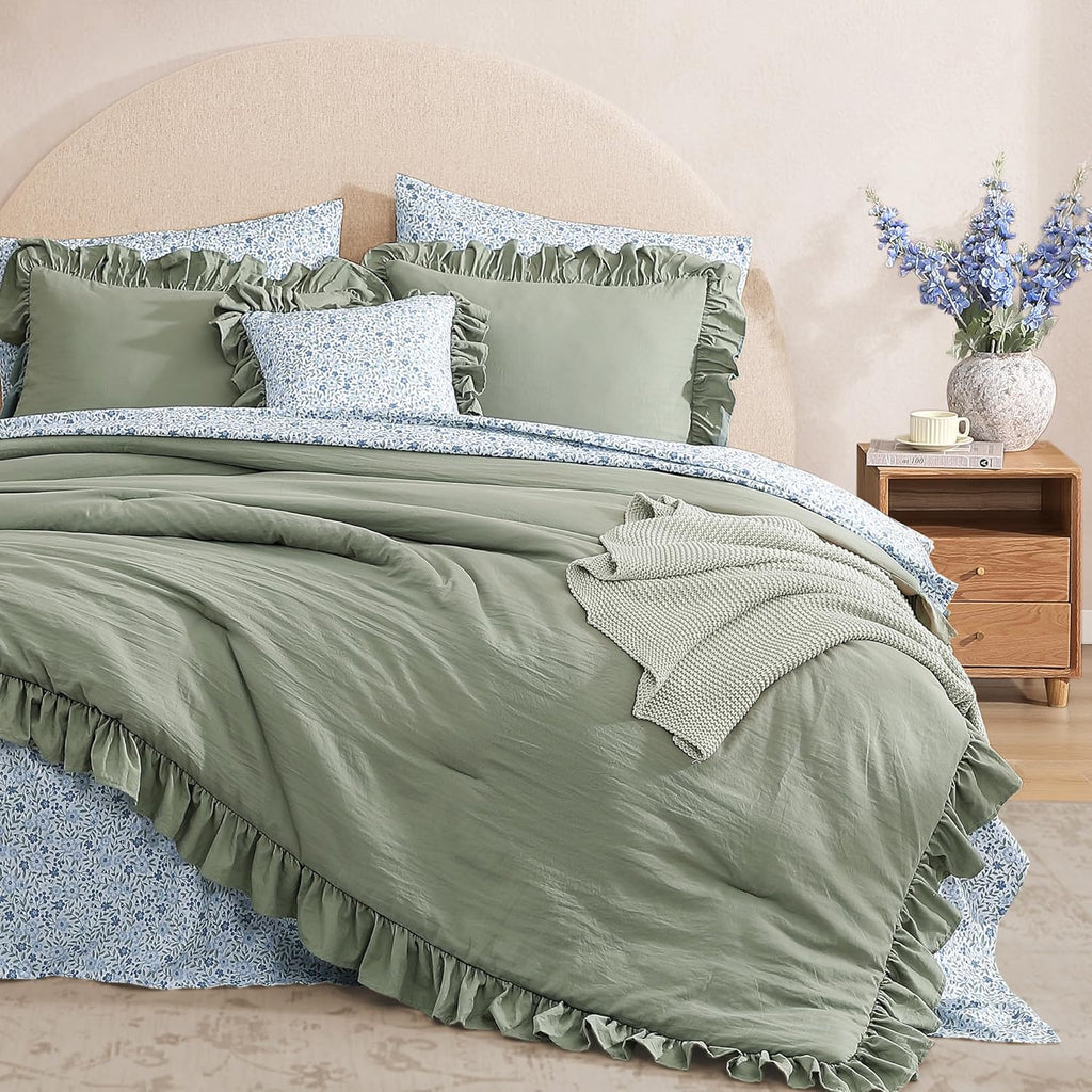 Comforter Set - 7 Pieces Ruffle Sage Green Bedding Sets
