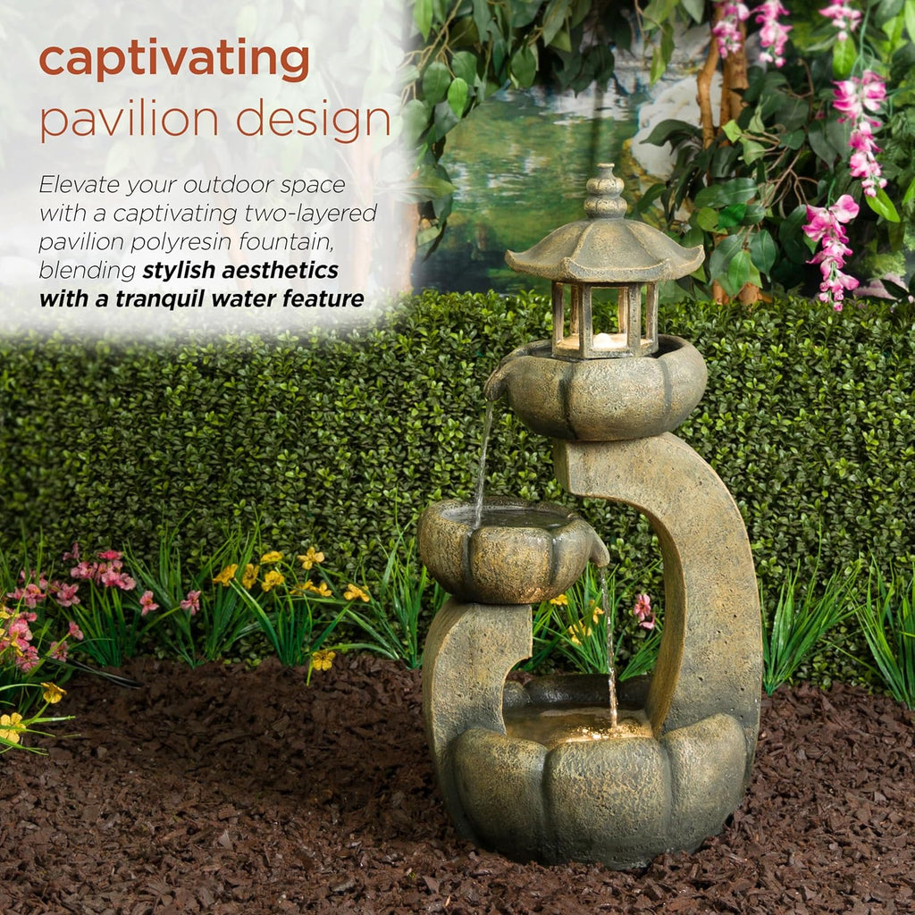 32" Tall 2-Layer Pagoda Polystone Fountain with LED Lights, Cascading Waterfall, Outdoor Garden and Patio Water