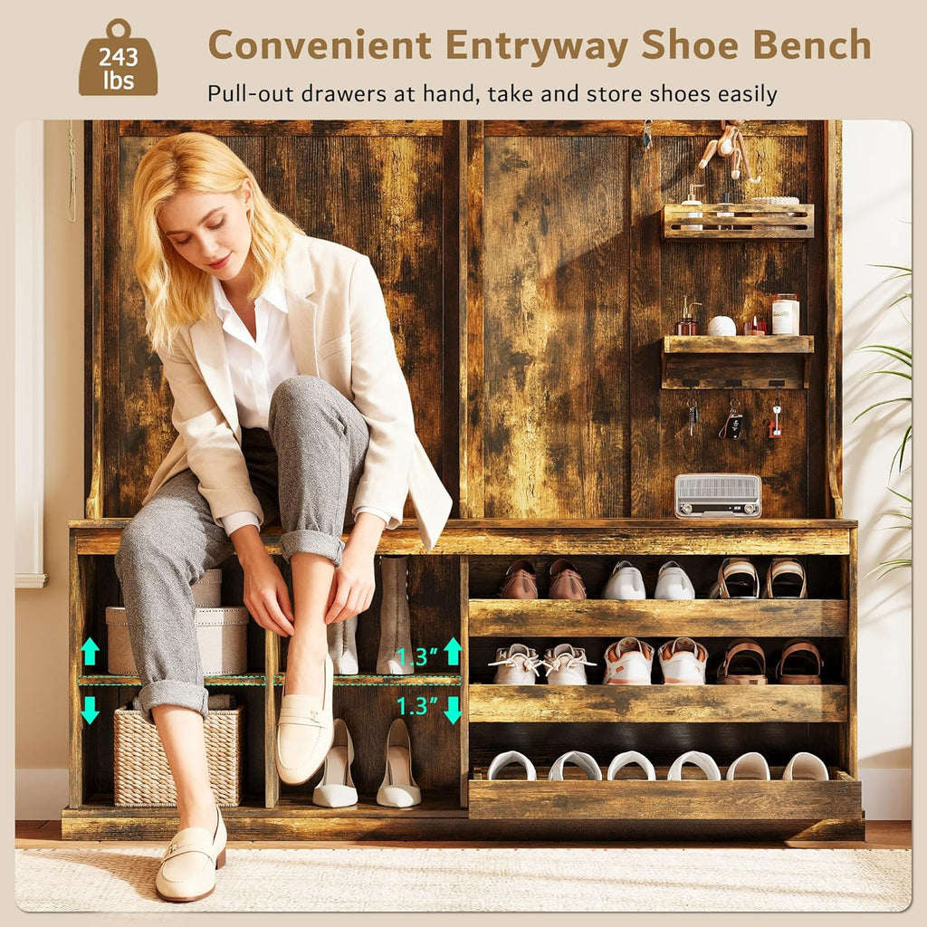 70" Large Hall Tree with Bench and Adjustable Storage Shelves, 6-in-1 Farmhouse Entryway Bench w/Coat Rack, Top