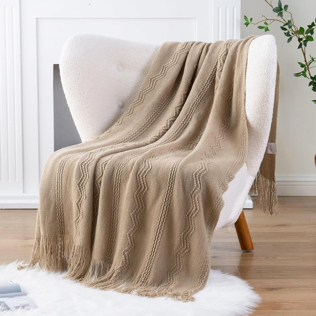 Boho Farmhouse Throw Blanket, 50x60 Tan Taupe Living Room Decor