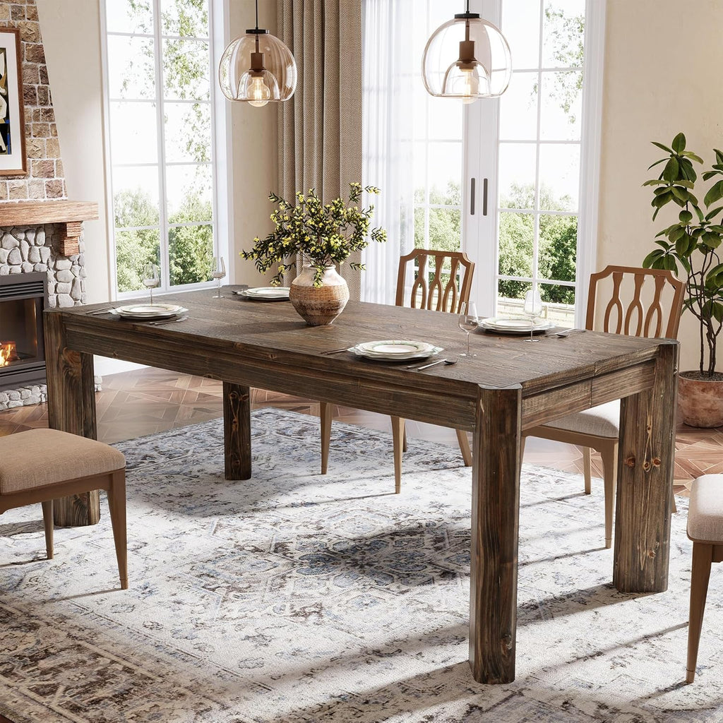 Solid Wood Dining Table for 6 People, 63" Farmhouse Kitchen Table with Heavy Duty Legs, Rectangular Dining Room