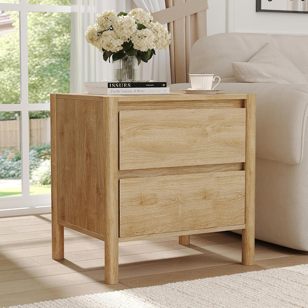 Mid Century Modern Oak Nightstand Set of 2 - Bedside Table with 2 Drawers and 4 Sturdy Solid Wood Legs, End Table