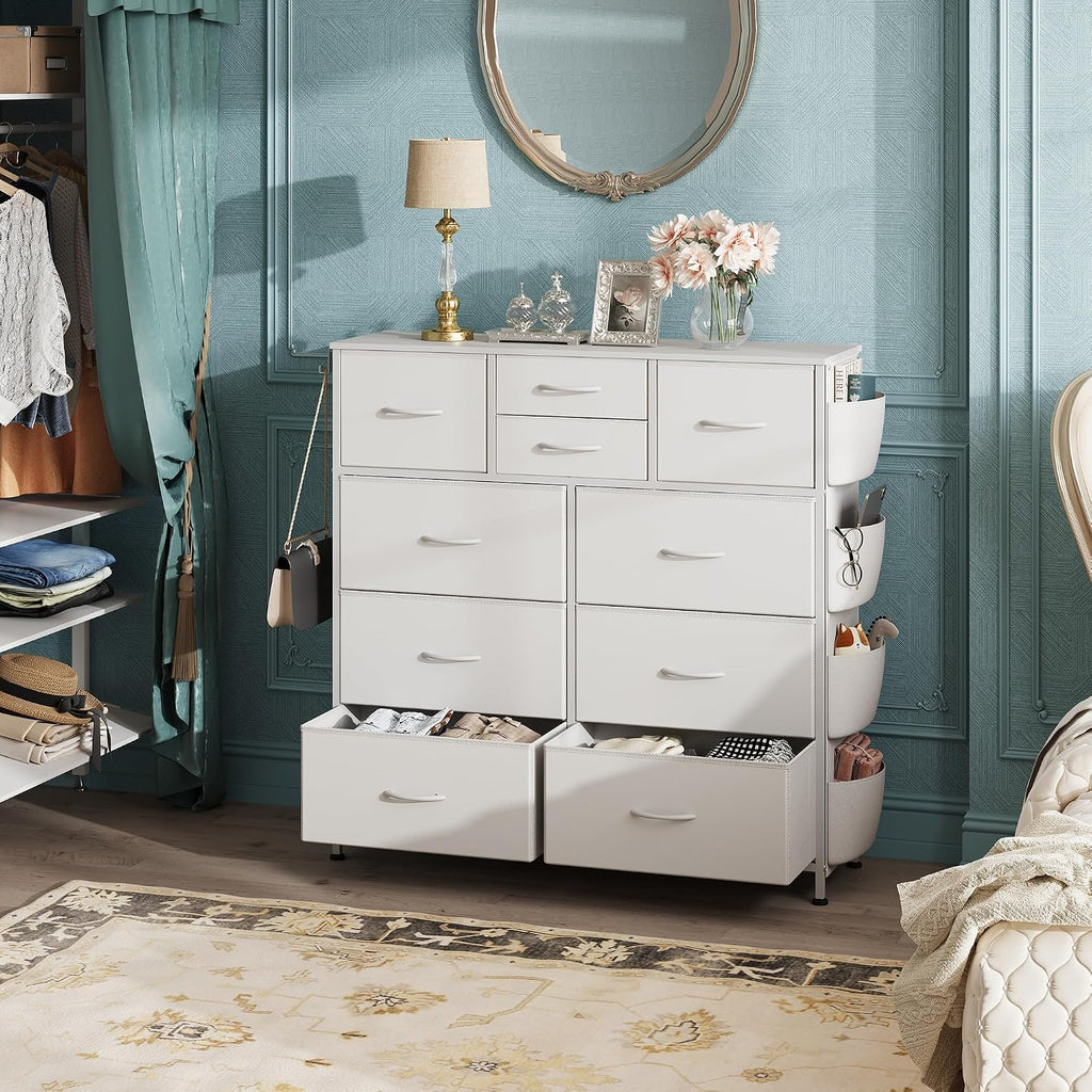 10 Drawer White Fabric Dresser , Side Pockets Chest | White Fabric chest of drawers with side pockets & hooks