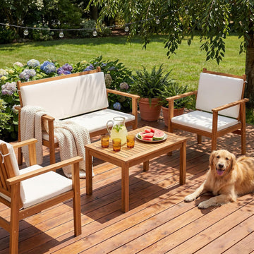 Patio Furniture 4 Piece Acacia Wood Outdoor Conversation Sofa Set with Table & Cushions Porch Chairs for Garden, Deck
