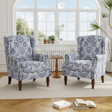 Floral Wingback Accent Chairs with Wood Legs, Navy Blue, Set of 2