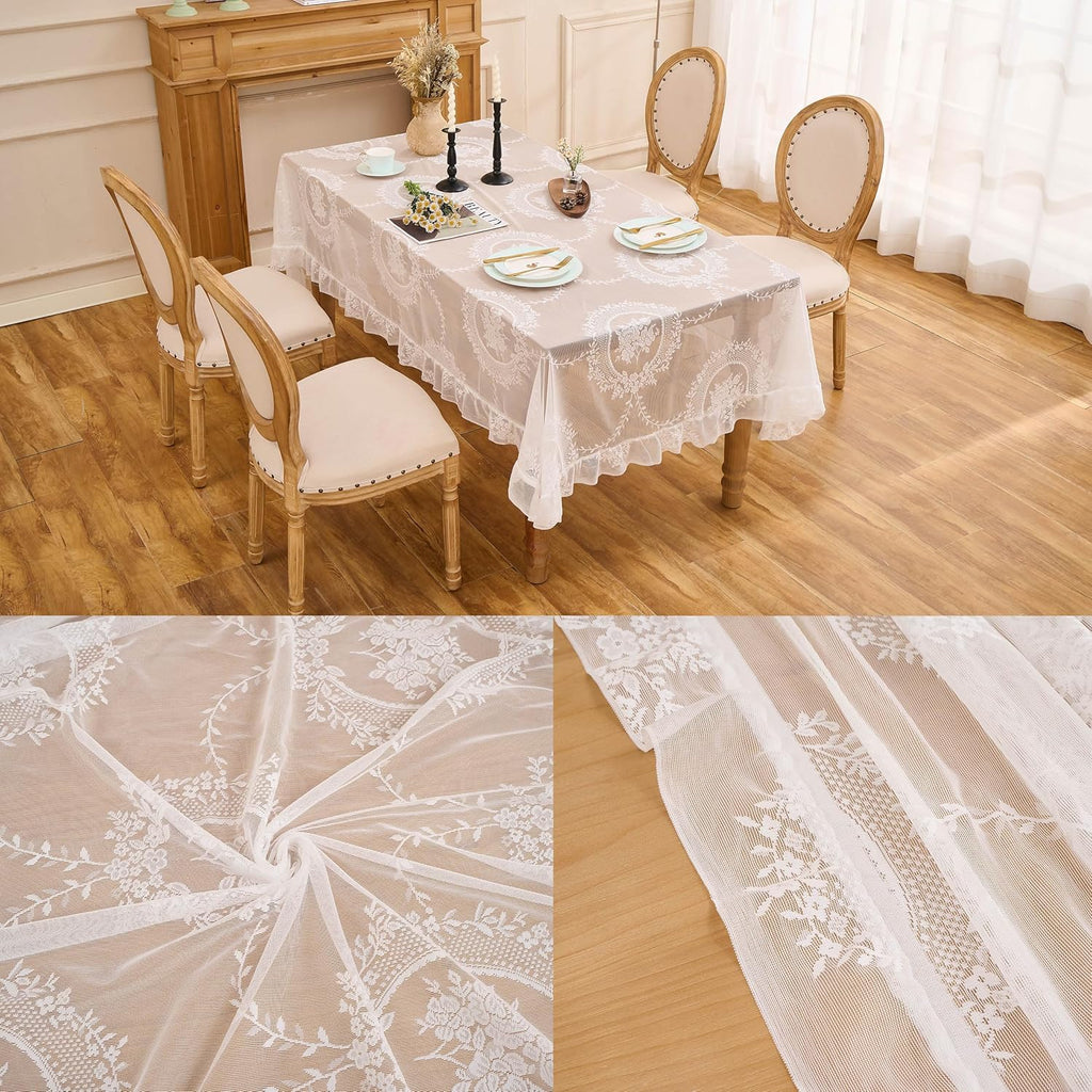 Lace Tablecloth with Ruffled Hem, Floral Embroidered Table Cover, Vintage Elegant Style (White, 55”x
