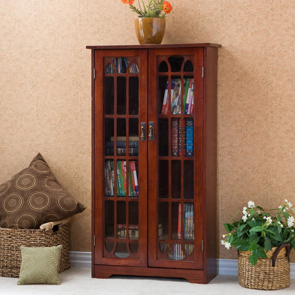Window Pane Media Cabinet - Cherry - Transitional Design, Brown Glass and Wood - Ideal