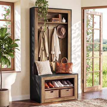 Hall Tree with Shoe Storage Bench, Farmhouse Entryway Coat Rack