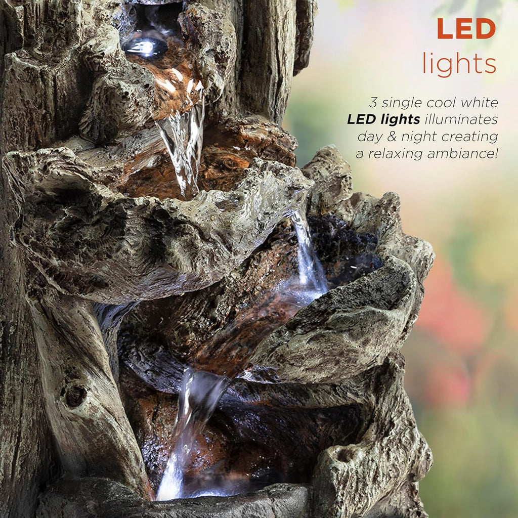 14"H Indoor Tiered Log Tabletop Fountain with LED Lights - Cascading Waterfall Design Creates Relaxing Ambiance Décor