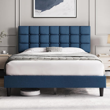 Upholstered Bed Frame, Modern Queen Bed Platform with Square Stitched&Button Tufting Headboard Height Adjustable