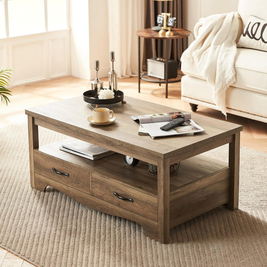 Farmhouse Coffee Table with Storage, Wood Coffee Table, Open Display Area and Storage Drawers with Metal Handles