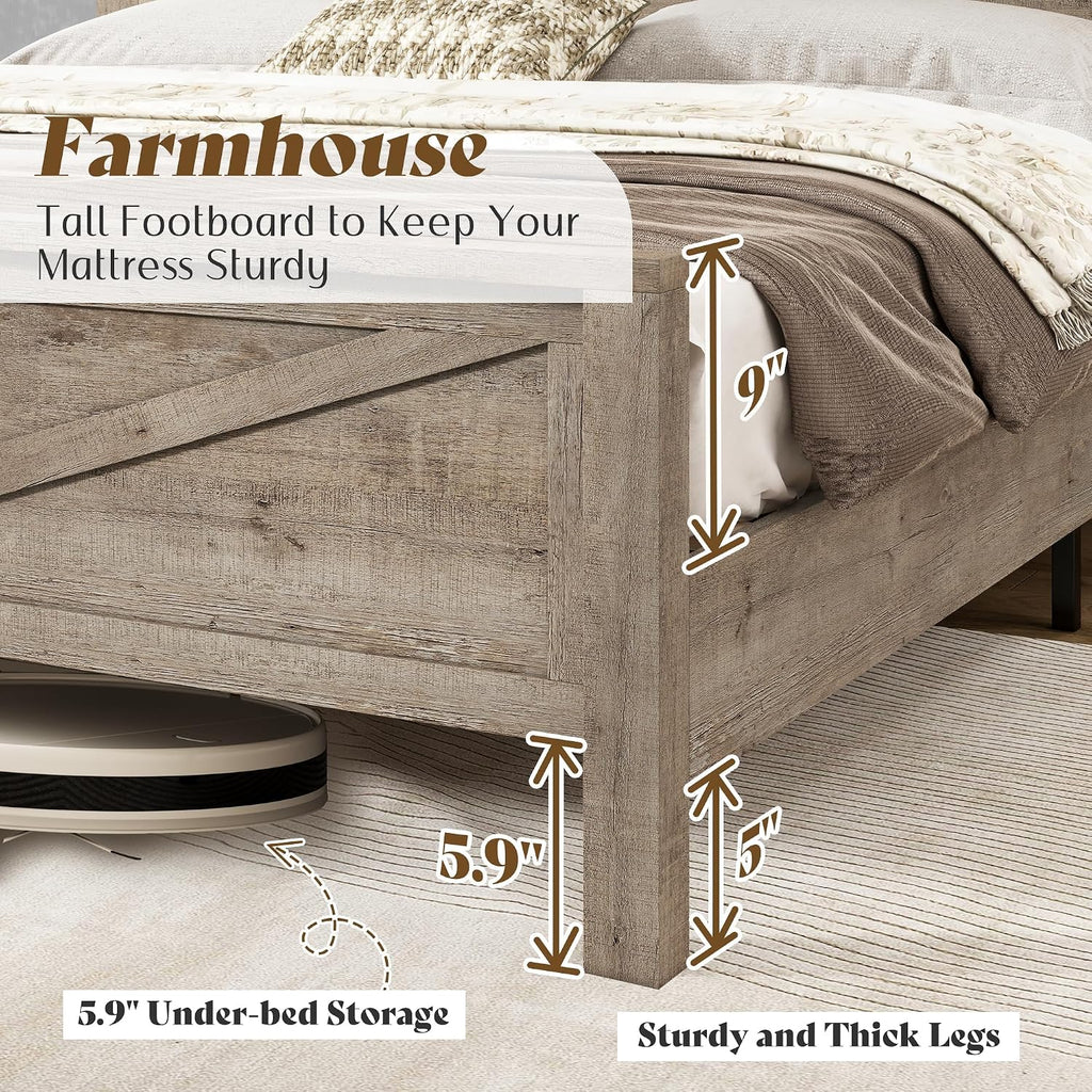 Farmhouse Full Bed Frame with Storage Headboard & Charging Station, Rustic Wood Platform Bed with Barn Door Bookcase