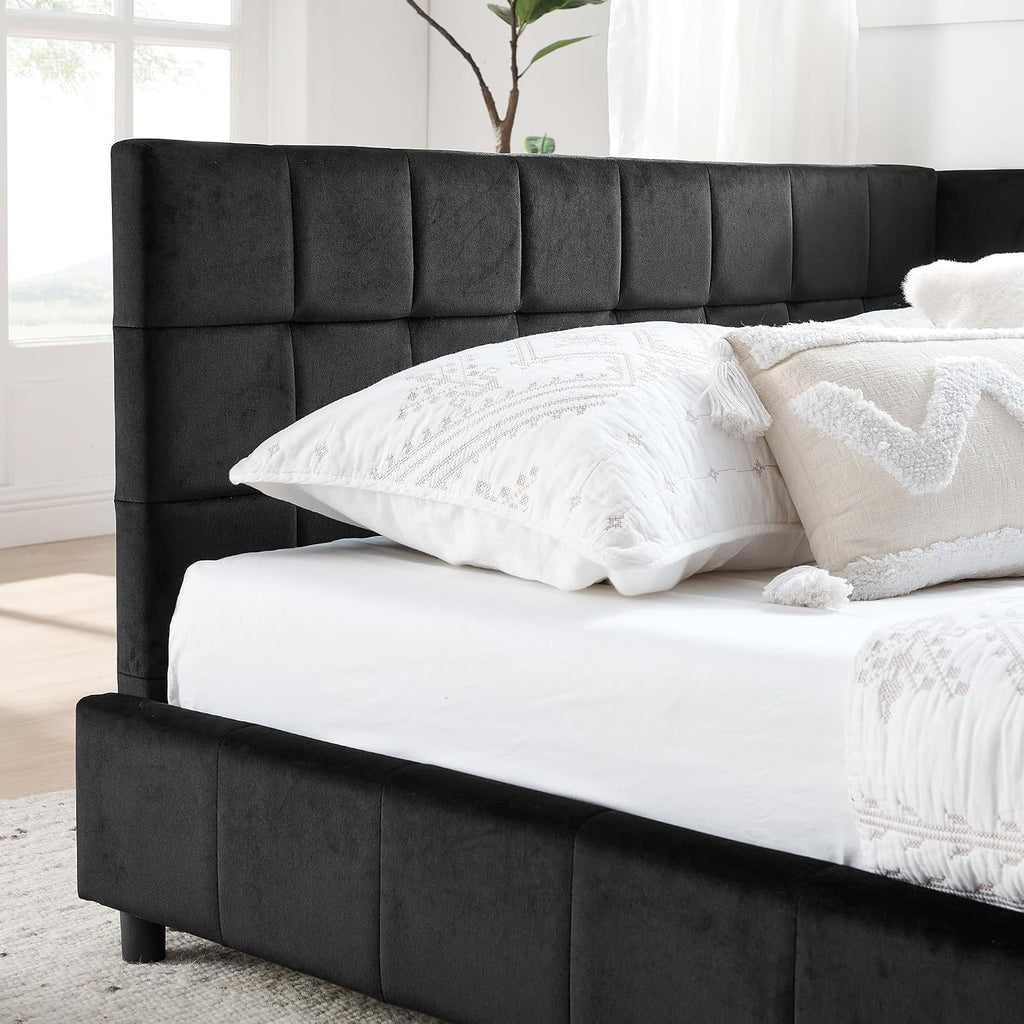 Queen Size Daybed, Velevet Upholstered Day Bed Frame with Tufted Backrest and Armrests,Solid Wood Slat Support,No Box