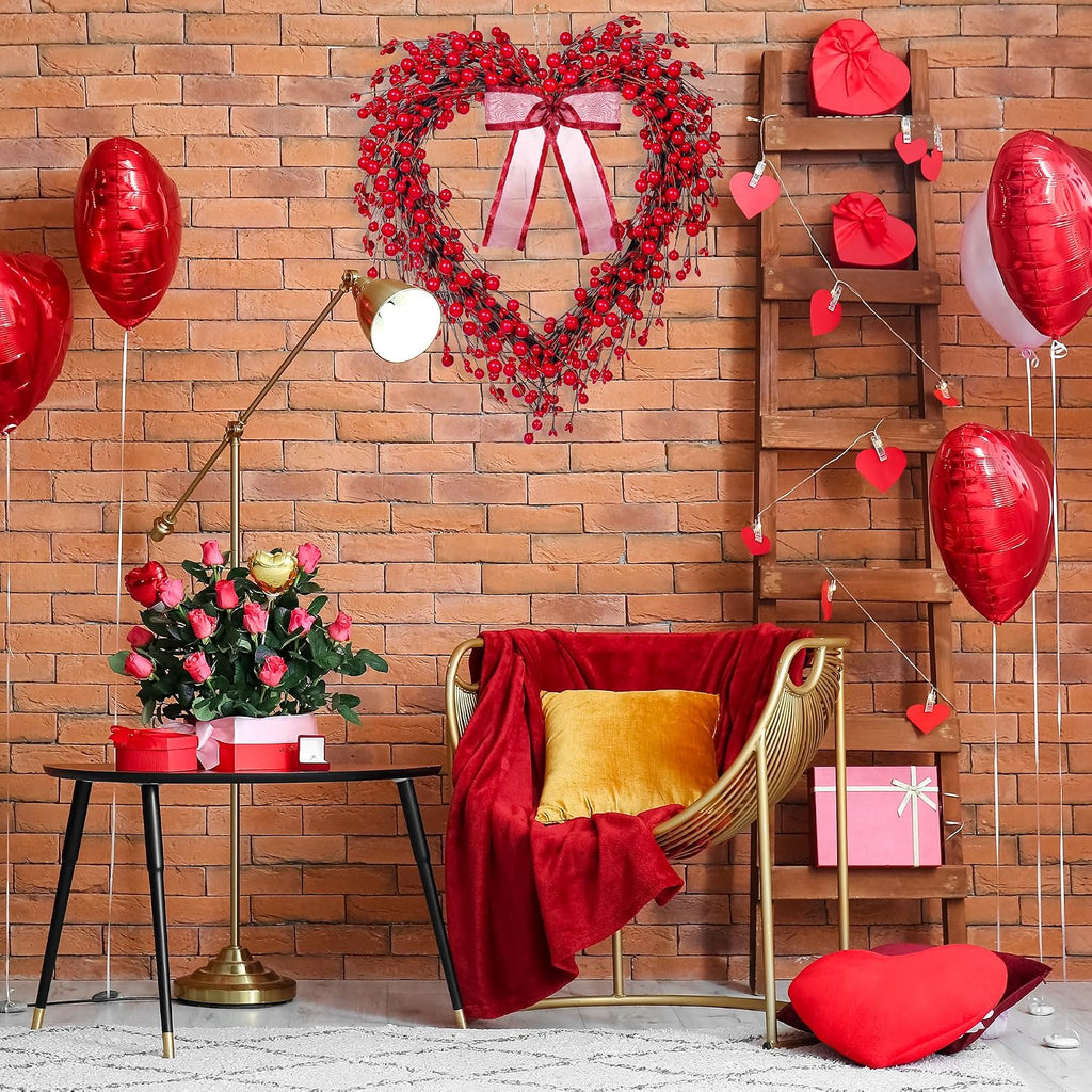 16in Valentine's Day Heart Wreath with Red Berries Red Heart Wreaths Handmade Valentines Day Wreath Rustic Twig