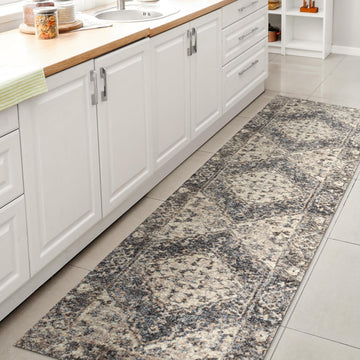 Machine Washable Blue/Cream Runner Rug 2X8 ft, Pavel Distressed Medallion Low-Pile, Easy-Cleaning, Pet-Friendly