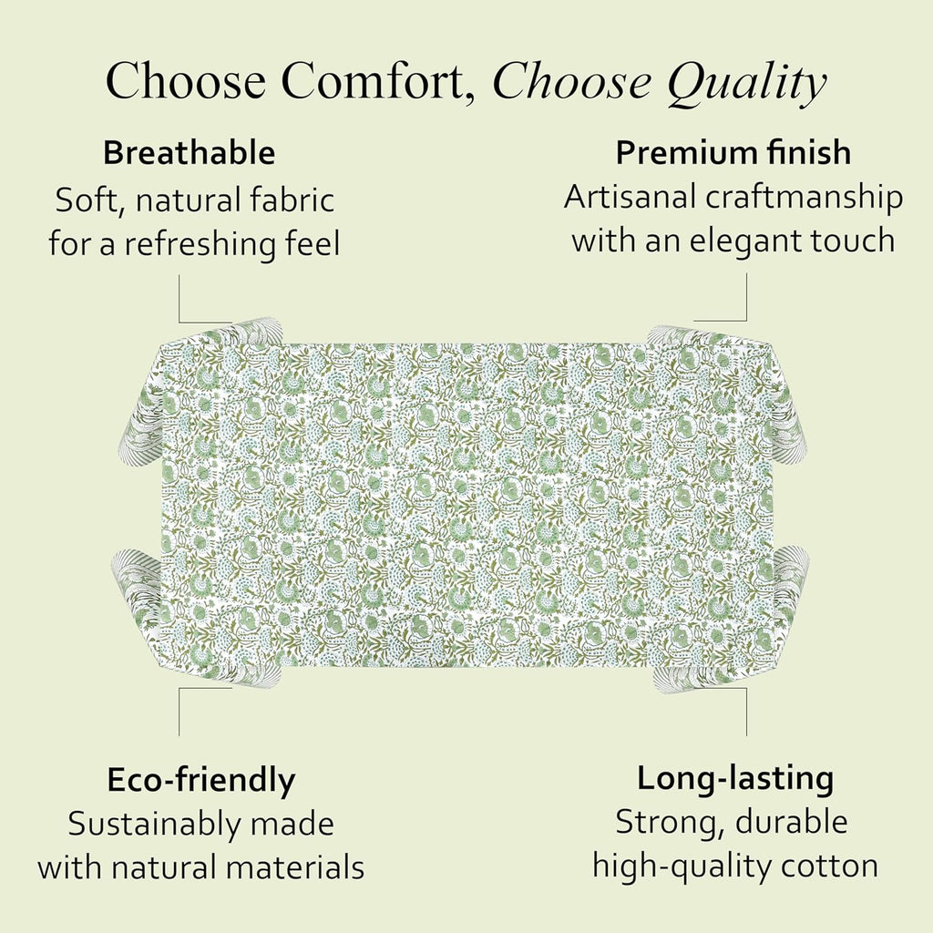 Block Print Tablecloth Agate Green 90"x60" Rectangular 100% Cotton Reusable Table Cover, Everyda