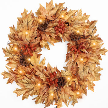 24in Pre-lit Fall Wreaths for Front Door with 20 Lights & Timer