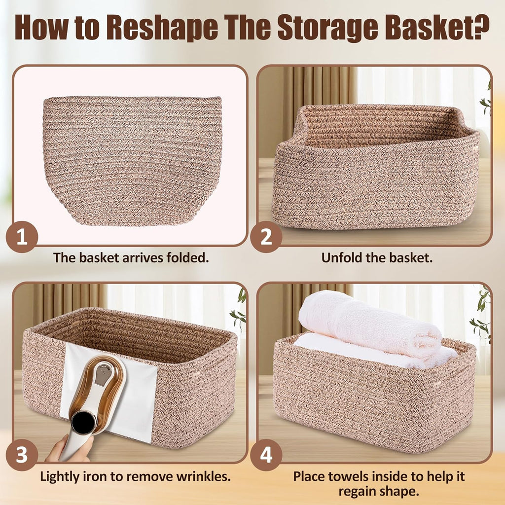 5-Pack Small Woven Rope Storage Baskets, 2 Sizes Organizer Bins | Fabric Cube Boxes and Rectangular Shallow Bins for