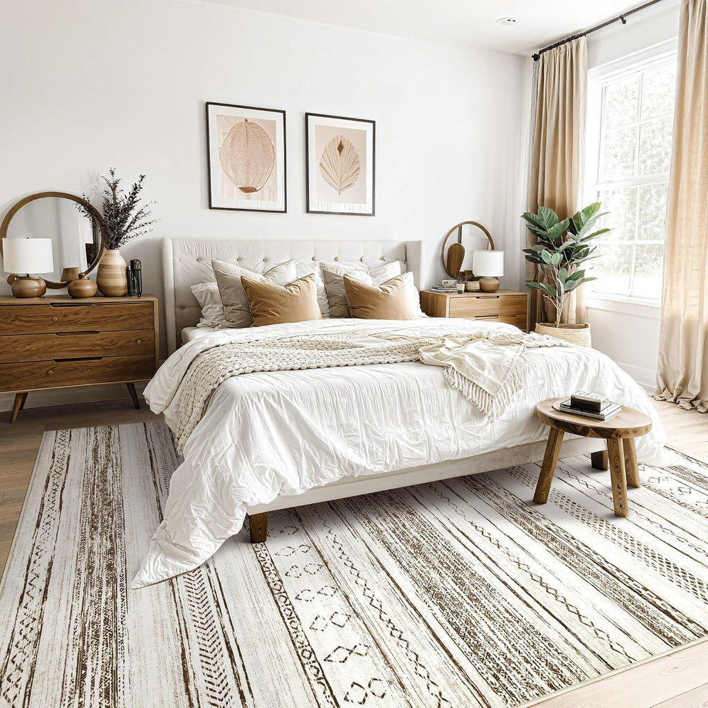 Area Rug Living Room Rugs - 5x7 Washable Large Soft Neutral Boho Moroccan Bohemian Farmhouse Rug Indoor Floor Carpet