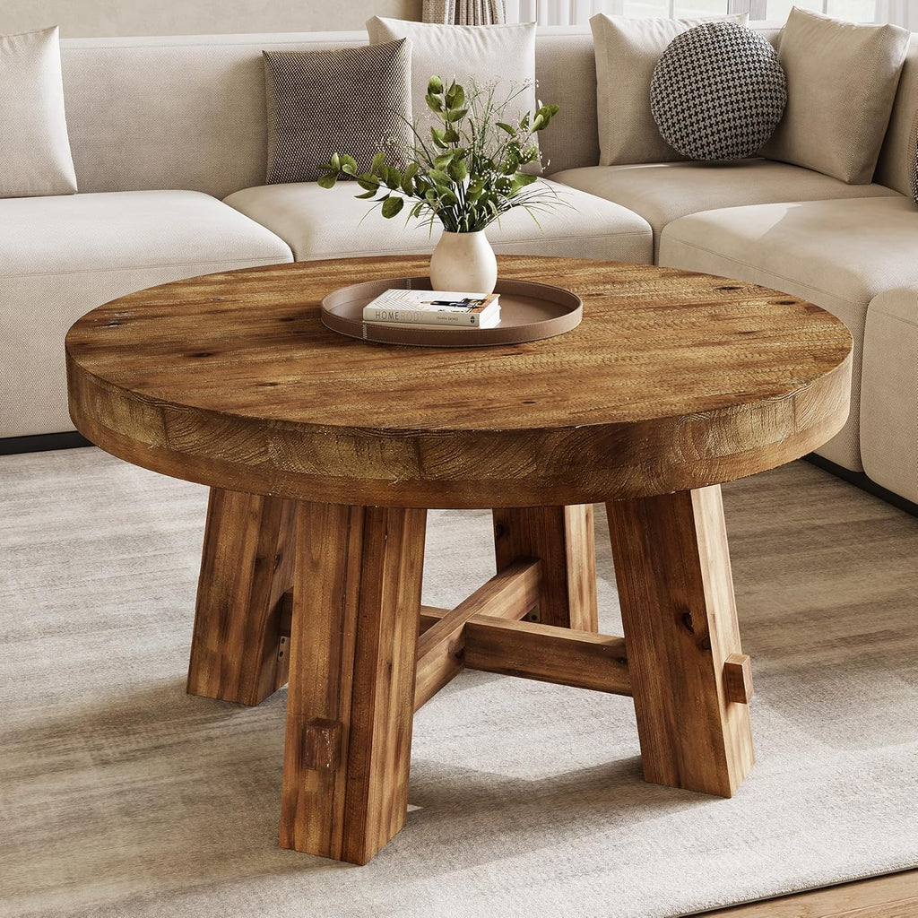 31.5-Inch Round Coffee Table, Solid Wood Center Table with Thickened Tabletop, Small Space (Rustic Brown)