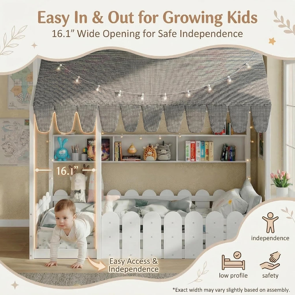 Twin Montessori House Floor Bed for Kids with Fence Railings, Tent & Lights, Wooden Kids Floor Bed Frame with 3