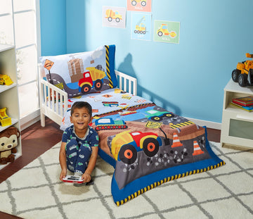 4 Piece Toddler Bedding Set - Under Construction - Includes Comforter, Flat Sheet, Fitted Sheet and Reversible