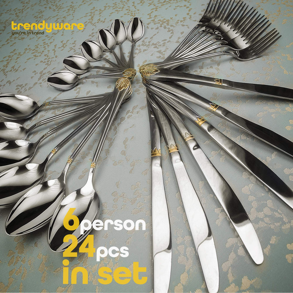 Silverware Set Limited Edition - 24 Piece Dinnerware Set - Flatware Set for 6 - Silver Tableware Set w/Gold Accents