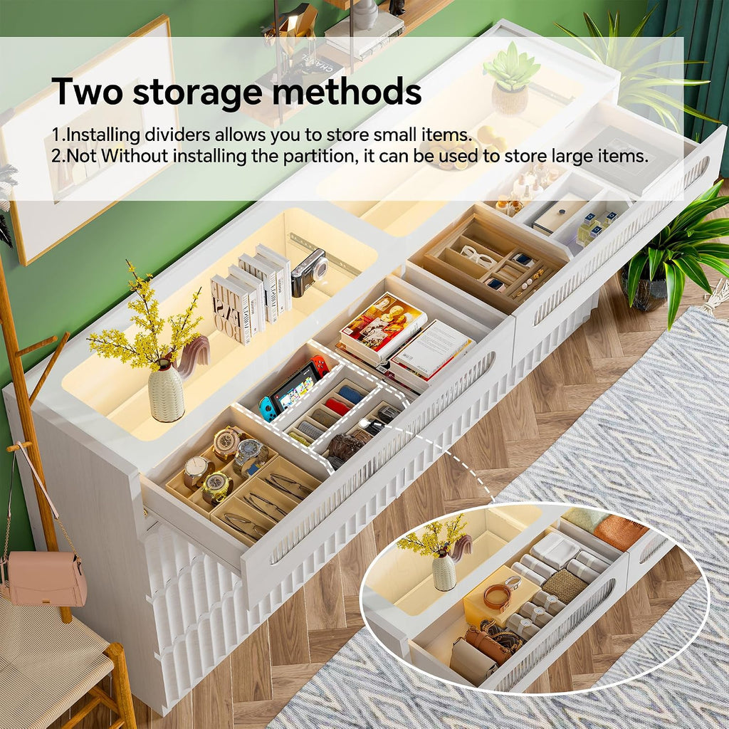 Fluted 8 Drawer Dresser,with LED Lights,Tempered Glass Panel,Drawer Dresser,Hidden Handles.Compartmentalized Storage