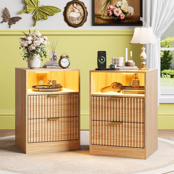 Night Stand Set 2, LED Nightstand with Charging Station, Fluted Nightstands Set of 2 with 2 Drawers, Wood Side Table