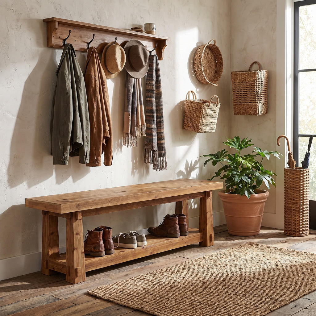 55" Wood Entryway Bench with Shoe Storage, Rustic Dining Bench