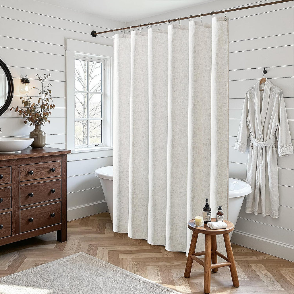 Linen Shower Curtain 72 Inches Long 1 Panel White | Shower Curtains with Hook, Waterproof Cloth, Boho Farmhouse